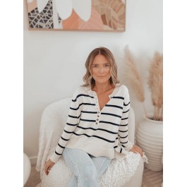 Maxted Clothing - Breton Stipe Button Henley - Ivory/NAVY