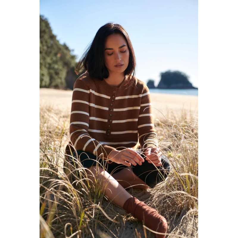 Maxted Clothing - Breton Stipe Button Henley - Ochre/Ivory 